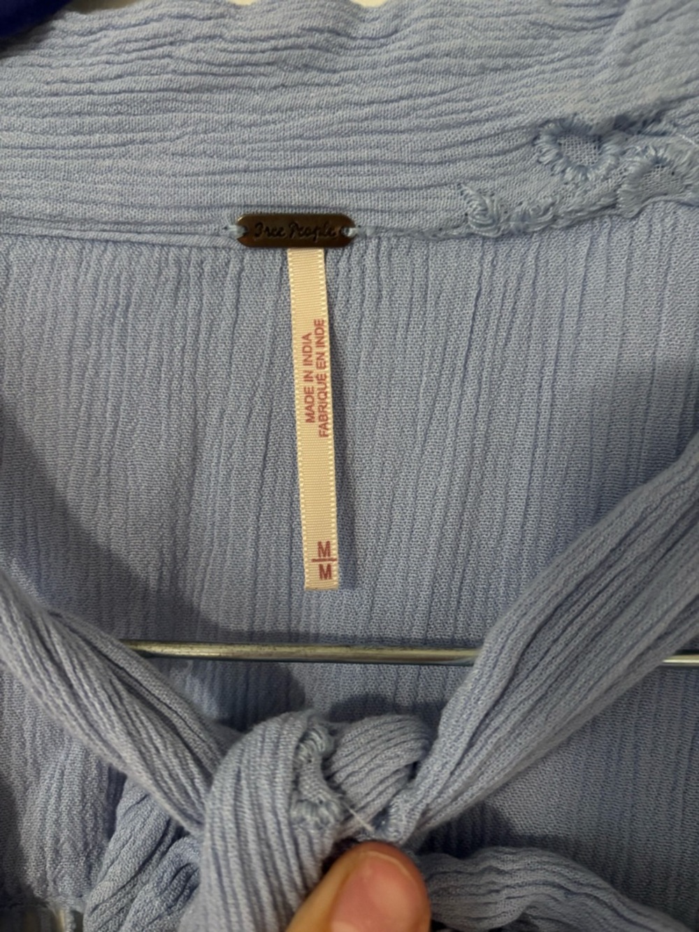 Free People Wishful Moments Tie Neck Blouse Blue Embroidered Long Sleeve Top M - Picture 3 of 4